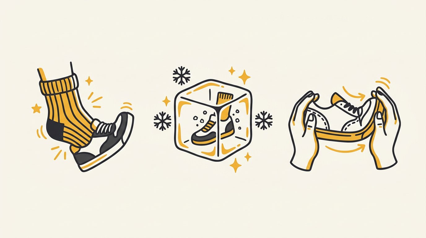 Illustration of hands flexing a new sneaker sole to soften it